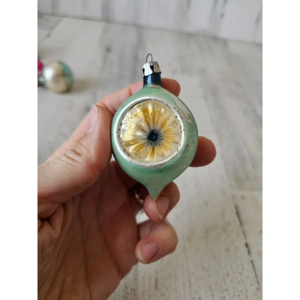 Vintage striped poland indent mini ornament reflector Mercury glass pink blue se